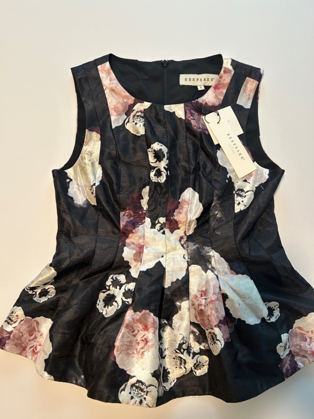 KEEPSAKE Black Floral Peplum Top with Cream & Pink Blossoms